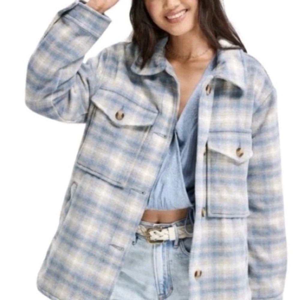 American Eagle Brushed Plaid Shacket Oversized Grey Blue Pink Size Large Y2K